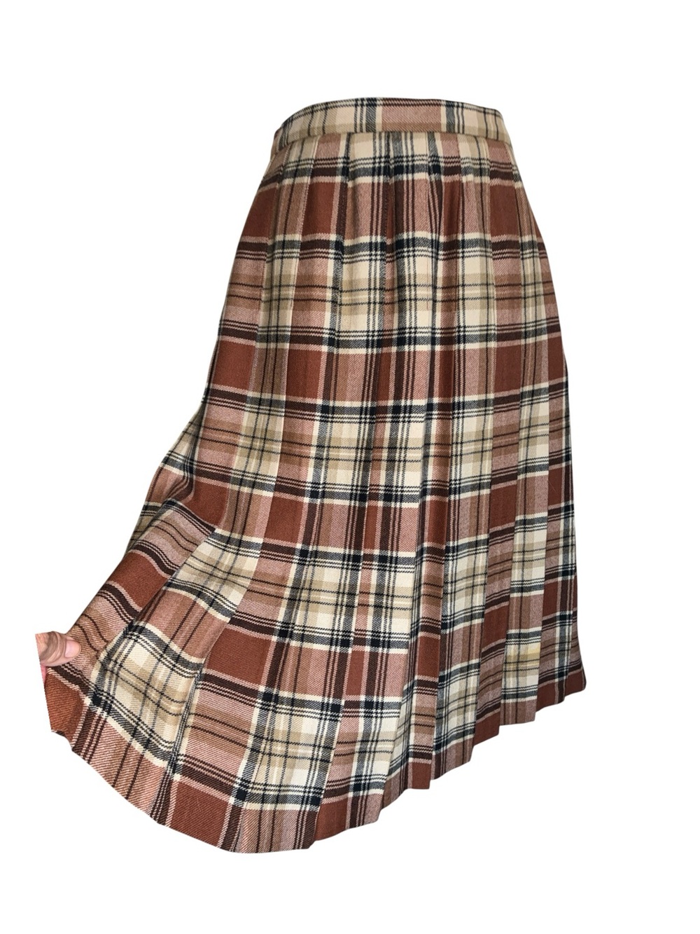 Edinburgh Woolen Mill Plaid Pleated Skirt women's 6, Brown/Cream, side zip. euc